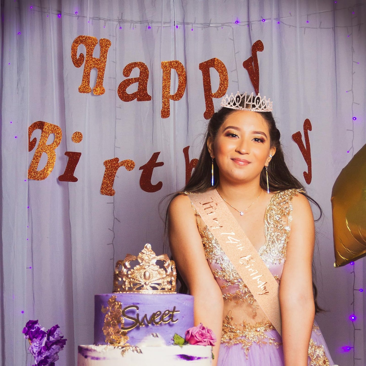 CIEHER 14th Birthday Crown and Sash for Girls, It s My 14 Bday Sash, 14th Birthday Decorations Rose Gold