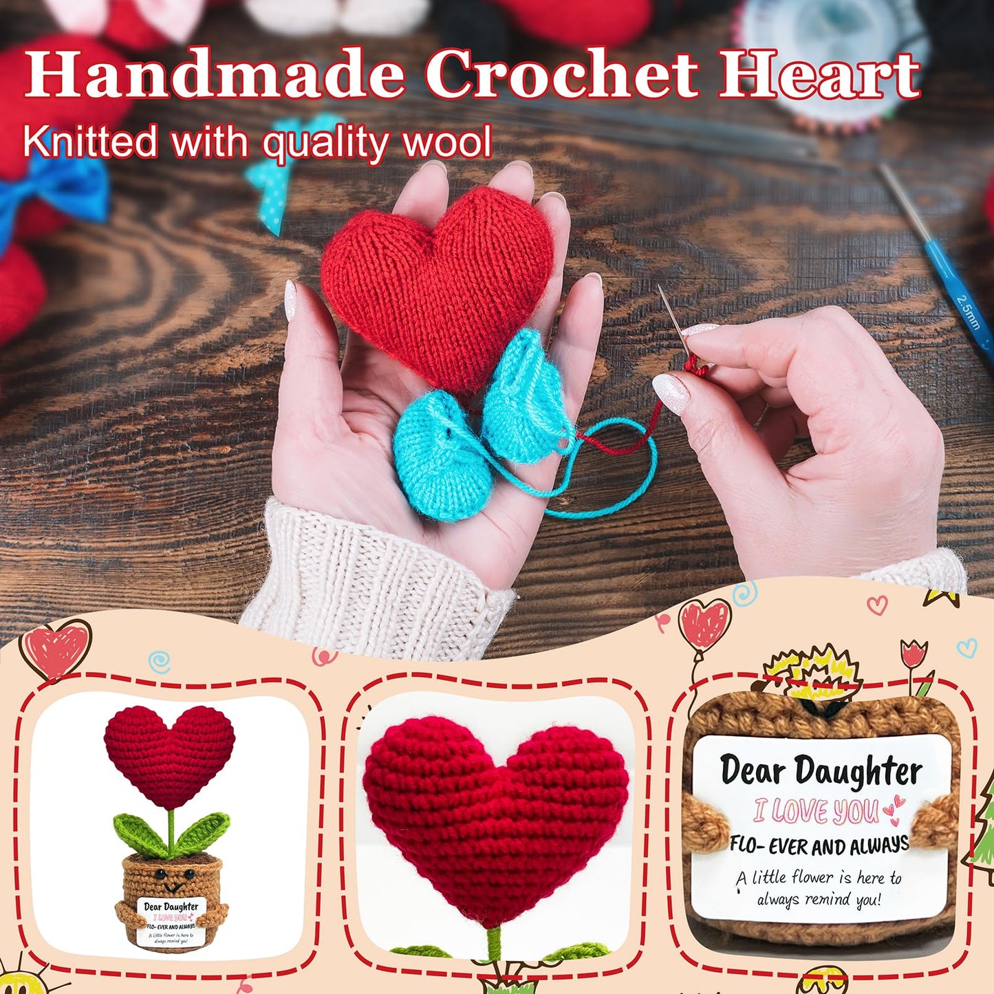 GiftsFU Crochet Heart Flower Animal - Red Yarn Gift for Teen Girls, Birthday, Graduation, Christmas