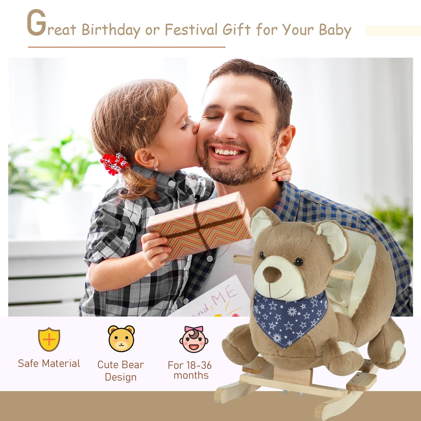 Qaba Baby Rocking Horse, Plush Animal Rocker with Lullaby, 23.5"x13.75"x19.75", Brown, Model 330-122, for Ages 18