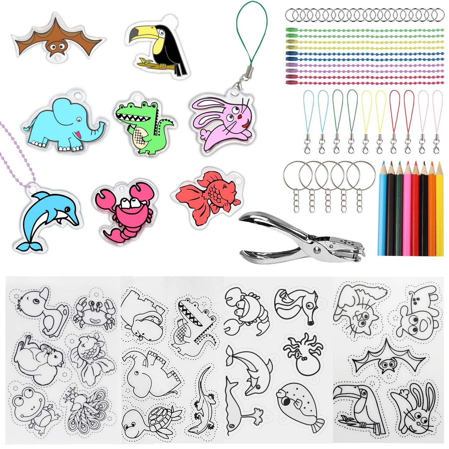 205PCS Shrink Dink Sheets Keychain Kit, Shrink Plastic Sheets with 10 Pre-Printed Shrinking Paper, 12 Colored Pencils, Scissors,