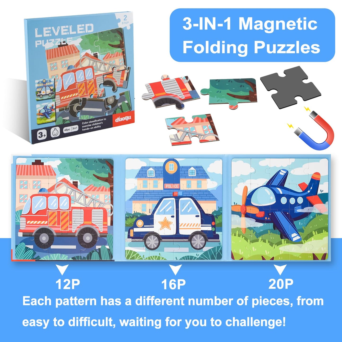 Astaron Magnetic Puzzles For Toddlers, 12-16-20 Pieces Vehicle Learning Magnet Puzzles For Road Trip, Educational Travel Toys Car Plane Activities For Kids, Kids Birthday Gifts