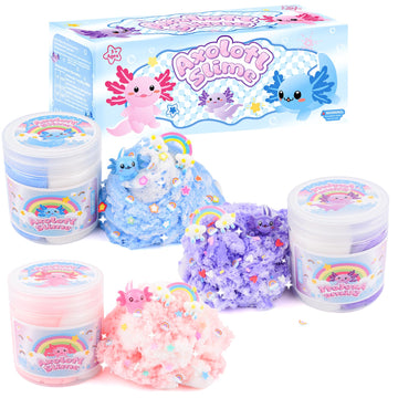 3 Pack Axolotl Cloud Slime, with Pink, Blue, Purple Axolotl Charms, Scented Slime Party Favor for Girls & Boys, Super Soft, Idea