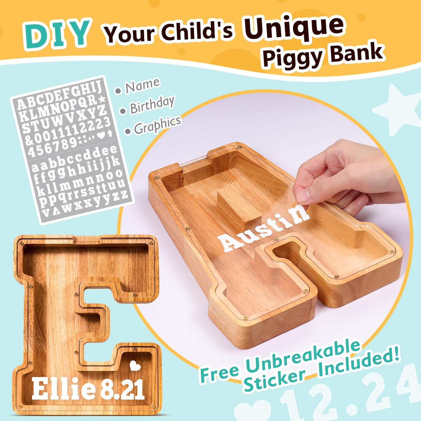 Summidate Wooden Letter Piggy Bank For Kids| Piggy Bank For Boys Girls Toddler| Alphabet A Money Bank| Wood Coin Bank Personalized Birthday Gift For Kids (E)