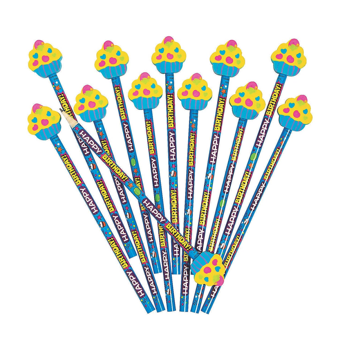 Fun Express Happy Birthday Pencils - Bulk Set of 12, Wooden with Cupcake Topper, Ideal Party Favors and Handouts