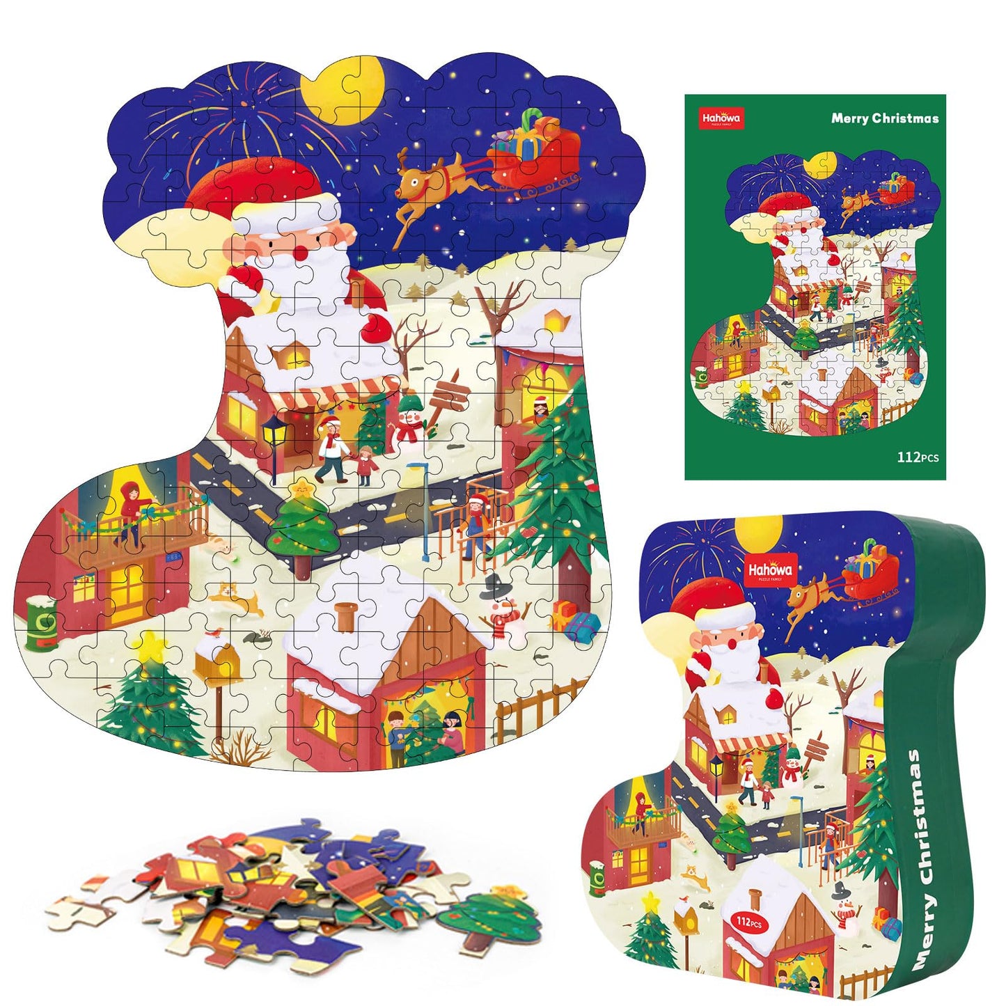 Aivatoba Jigsaw Puzzles For Kids Ages 4-8, 112 Pieces Christmas Stocking Shaped Cardboard Puzzles, Sturdy Floor Puzzles Box And