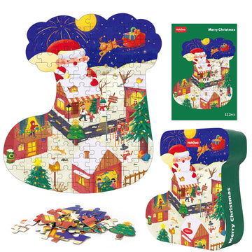 Aivatoba Jigsaw Puzzles For Kids Ages 4-8, 112 Pieces Christmas Stocking Shaped Cardboard Puzzles, Sturdy Floor Puzzles Box And