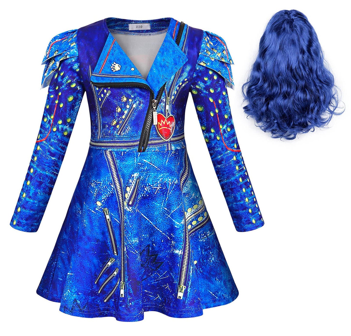 Wonderbabe Evie Descendants Costume Birthday Party Dress Up Outfits For Girls Princess Zipper Jacket Long Sleeve Dress With Bule Wig