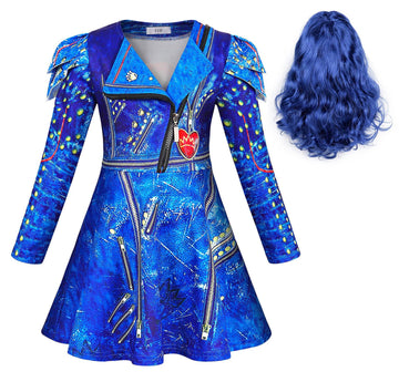 Wonderbabe Evie Descendants Costume Birthday Party Dress Up Outfits For Girls Princess Zipper Jacket Long Sleeve Dress With Bule Wig