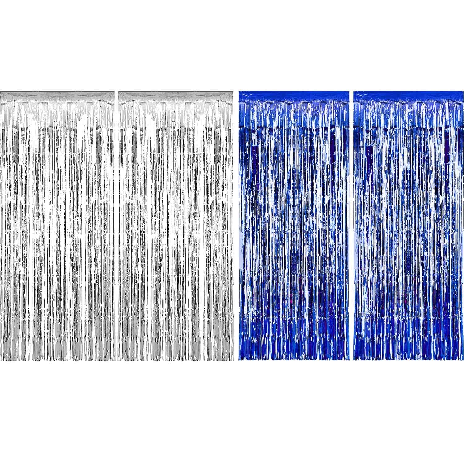 Sumind 4 Pack Foil Curtains Metallic Fringe Curtains Shimmer Curtain for Birthday Wedding Party Christmas Decorations (Silver an