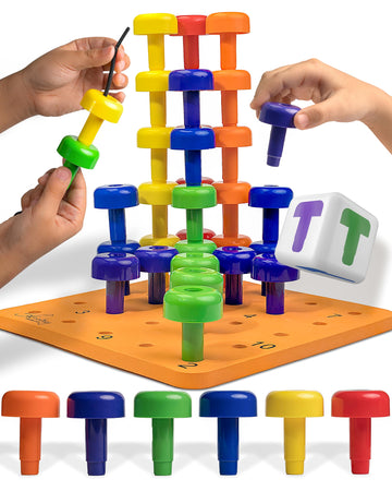 Skoolzy Peg Board Set - Montessori Toys for 2+ Year Old - 33 Pieces - Colorful Plastic Pegs, Dice, Lacing String, Storage Bag