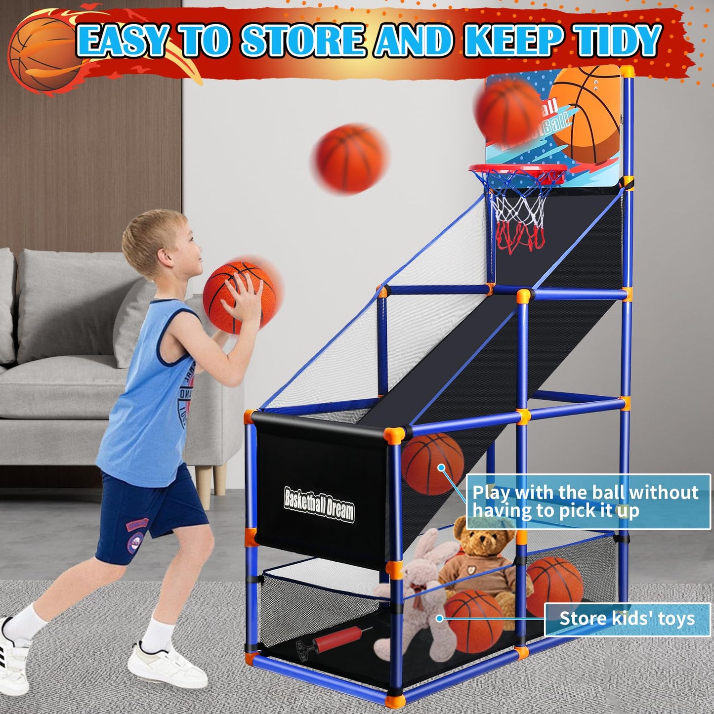 Arcade Basketball Game Set For Kids, Boy Toys Basketball Hoop With 4 Balls For 3 To 12 Years Old, Adjustable Height W/ Pump & St