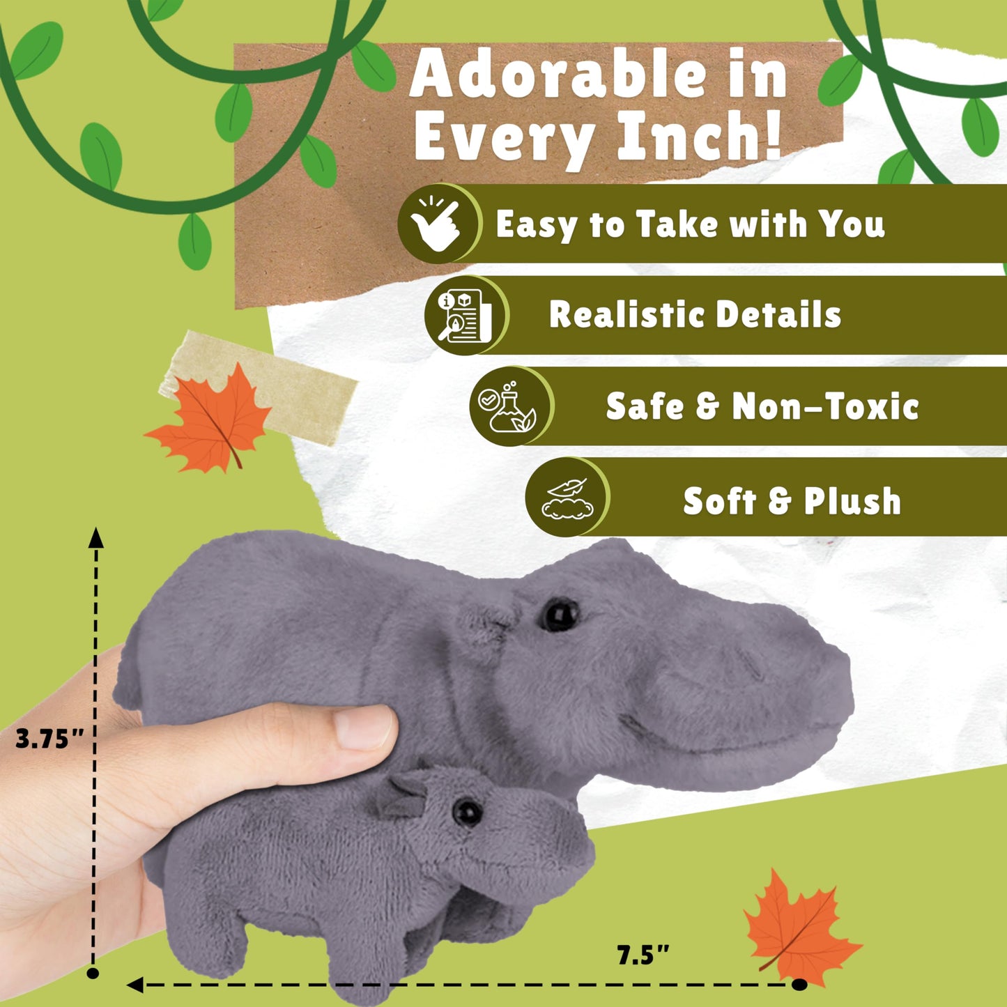 Forest & Twelfth Mom And Baby Mini Hippo, Stuffed Animals For Boys And Girls, Safari Hippopotamus Baby Shower Decoration, Nursery Décor, Zoo Animal For Toddlers, Soft Stuffed Hippo, Plush Toy, (Hippo)