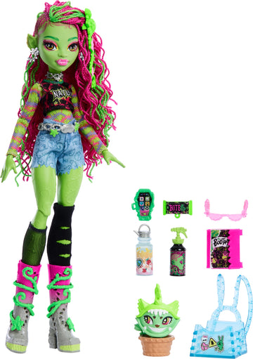 Monster High Venus McFlytrap Doll with Cat Chewlian, Accessories, Multicolor, Model HRP81, Plastic