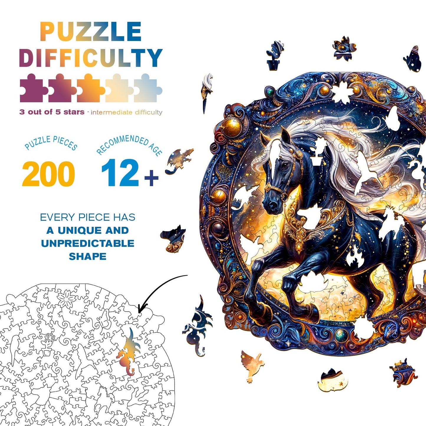 Wooden Puzzles for mature-themeds - Elegant Horse Wooden Jigsaw Puzzle - Unique Animal Shaped Wood Puzzles mature-themed - Creative Birthday Gift Family Game 200pcs
