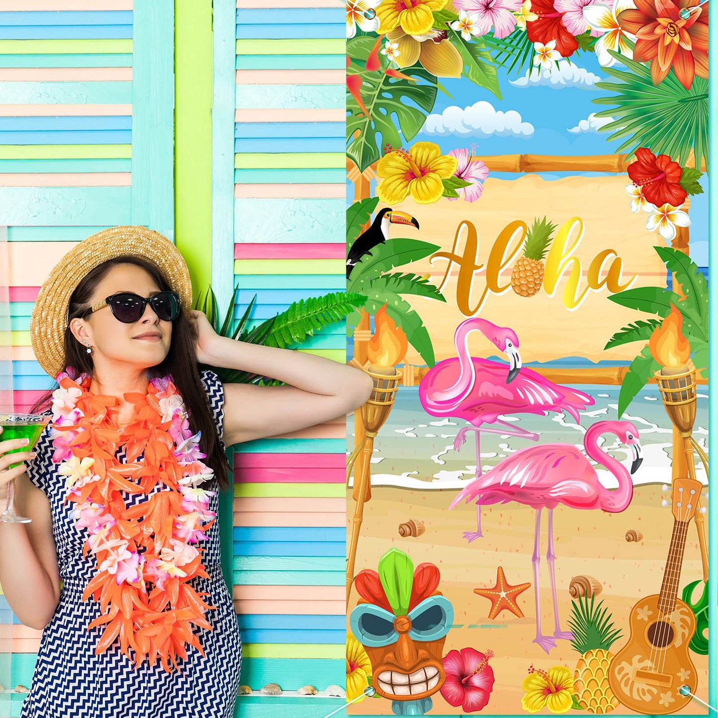 Rtteri Aloha Party Decorations Hawaiian Door Cover Sign Summer Luau Beach Supplies Party Door Banner Tropical Tiki Party Backdro