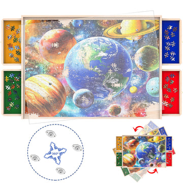 Puzzle Board with Drawers Rotatable 360-Degree Wheels and Cover 30'' x 22'' 1000 Piece Wooden Jigsaw Puzzle Table Storage Organi