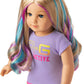American Girl Truly Me 18-Inch Doll 110 With Light-Blue Eyes, Wavy Blonde Hair With Purple And Blue Highlights, Light Skin With Warm Olive Undertones, Purple Printed T-Shirt Dress