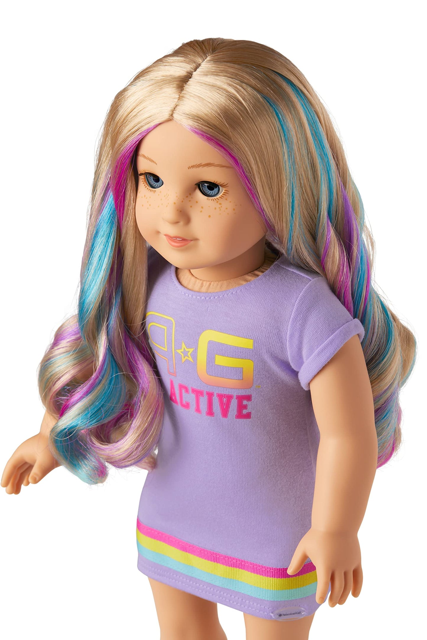 American Girl Truly Me 18-Inch Doll 110 With Light-Blue Eyes, Wavy Blonde Hair With Purple And Blue Highlights, Light Skin With Warm Olive Undertones, Purple Printed T-Shirt Dress