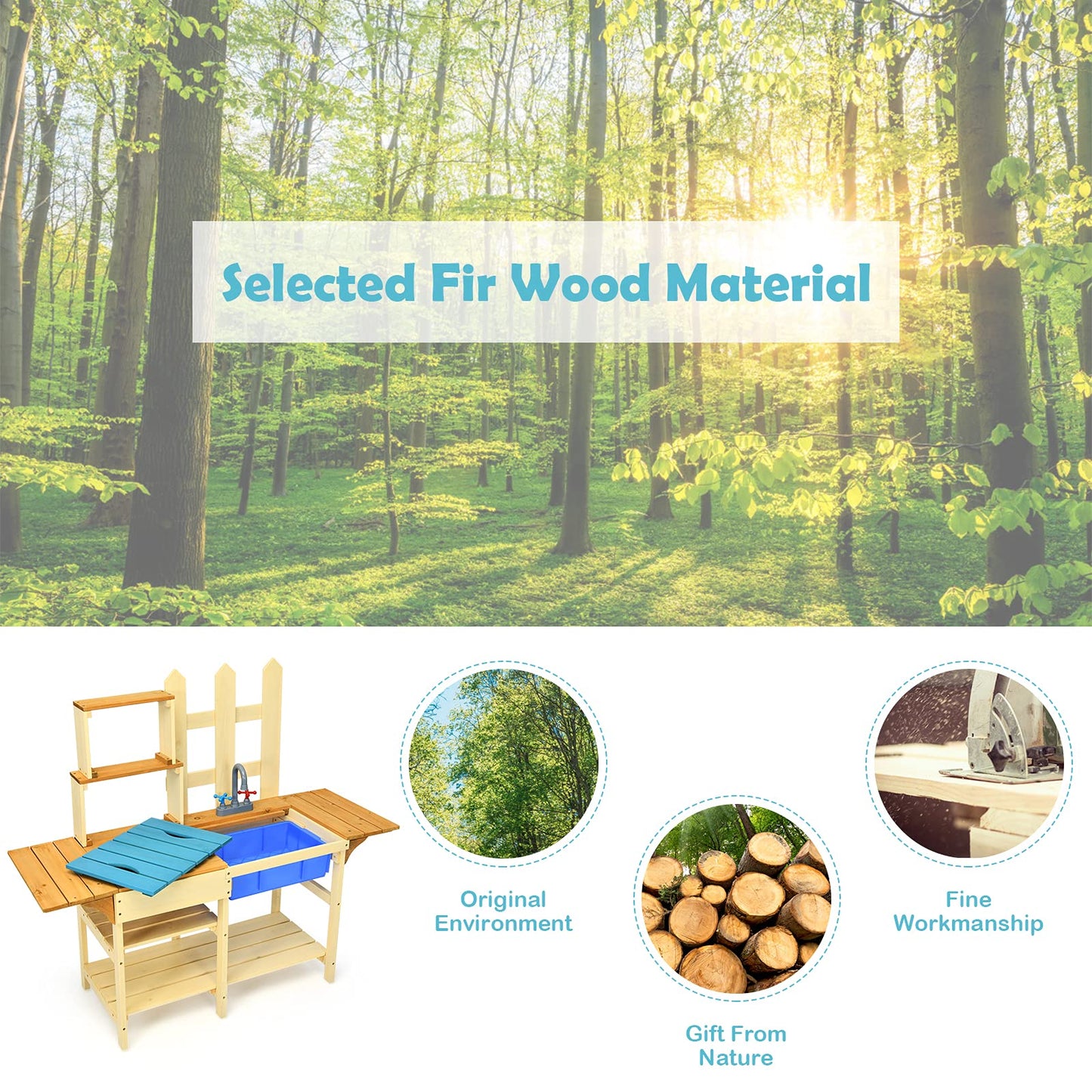 Costzon Mud Kitchen for Kids Outdoor, Wooden Pretend Play Kitchen with Removable Sink, Faucet, Storage Shelves, Mud Table, Kids