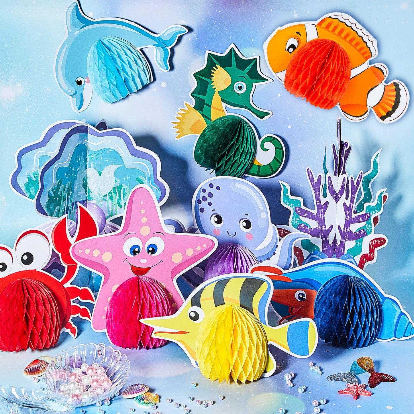 12 Pieces Under The Sea Party Decorations Ocean Sea Animal Honeycomb Centerpiece Ocean Themed Party Table Decoration Fish Sea Cr