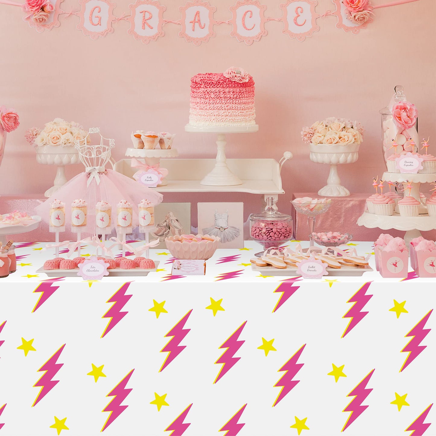 AellasNervalt 3Pcs Preppy Pink Lighting Bolt Party Tablecloths Plastic Rectangle Table Covers Disposable Y2k Tablecloth for Girl