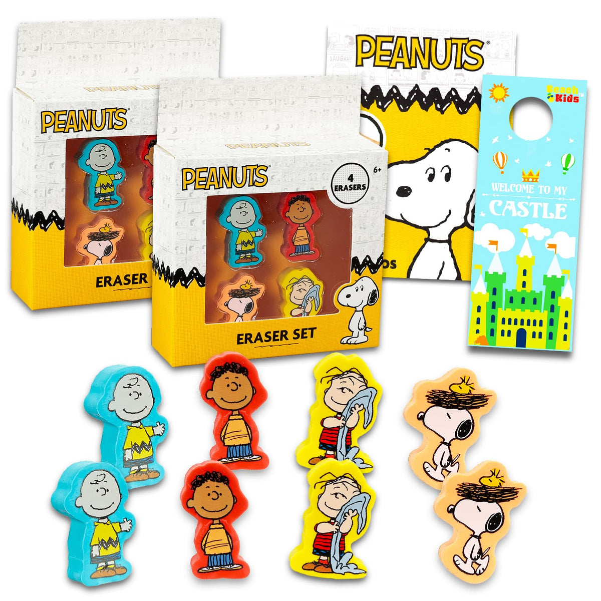 Peanuts Party Favor Set  Bundle with 8 Erasers Featuring Snoopy, Charlie Brown, More Plus Tattoos | Peanuts Party Supplies Kit 