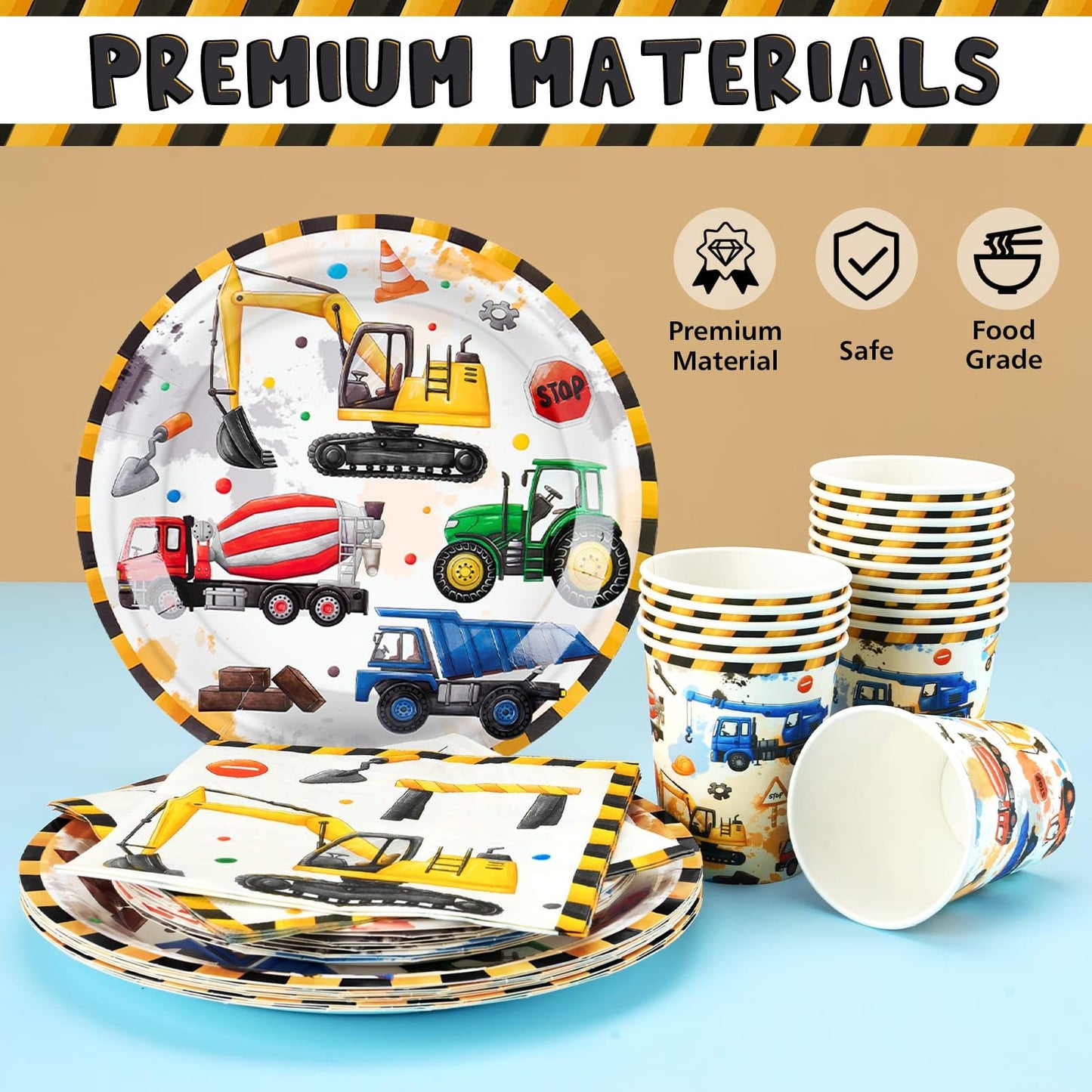 Wernnsai Construction Party Supplies Set - 64 Pcs Dump Truck Theme Birthday Party Decorations Disposable Paper Plates Cups Napkins Tableware For Boys Kids Baby Shower Excavator Birthday Party Decor