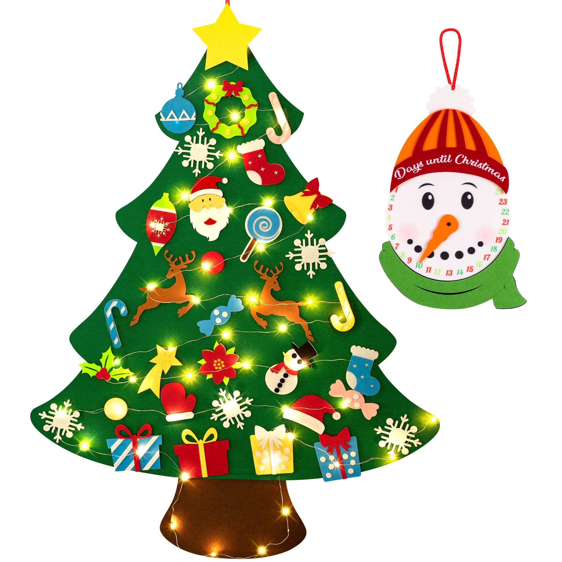 3Ft Diy Lighted Felt Christmas Tree Set Plus Snowman Advent Calendar - Xmas Decorations Wall Hanging 33 Ornaments Kids Gift With String Light (Batteries Not Included)