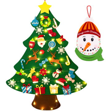 3Ft Diy Lighted Felt Christmas Tree Set Plus Snowman Advent Calendar - Xmas Decorations Wall Hanging 33 Ornaments Kids Gift With String Light (Batteries Not Included)