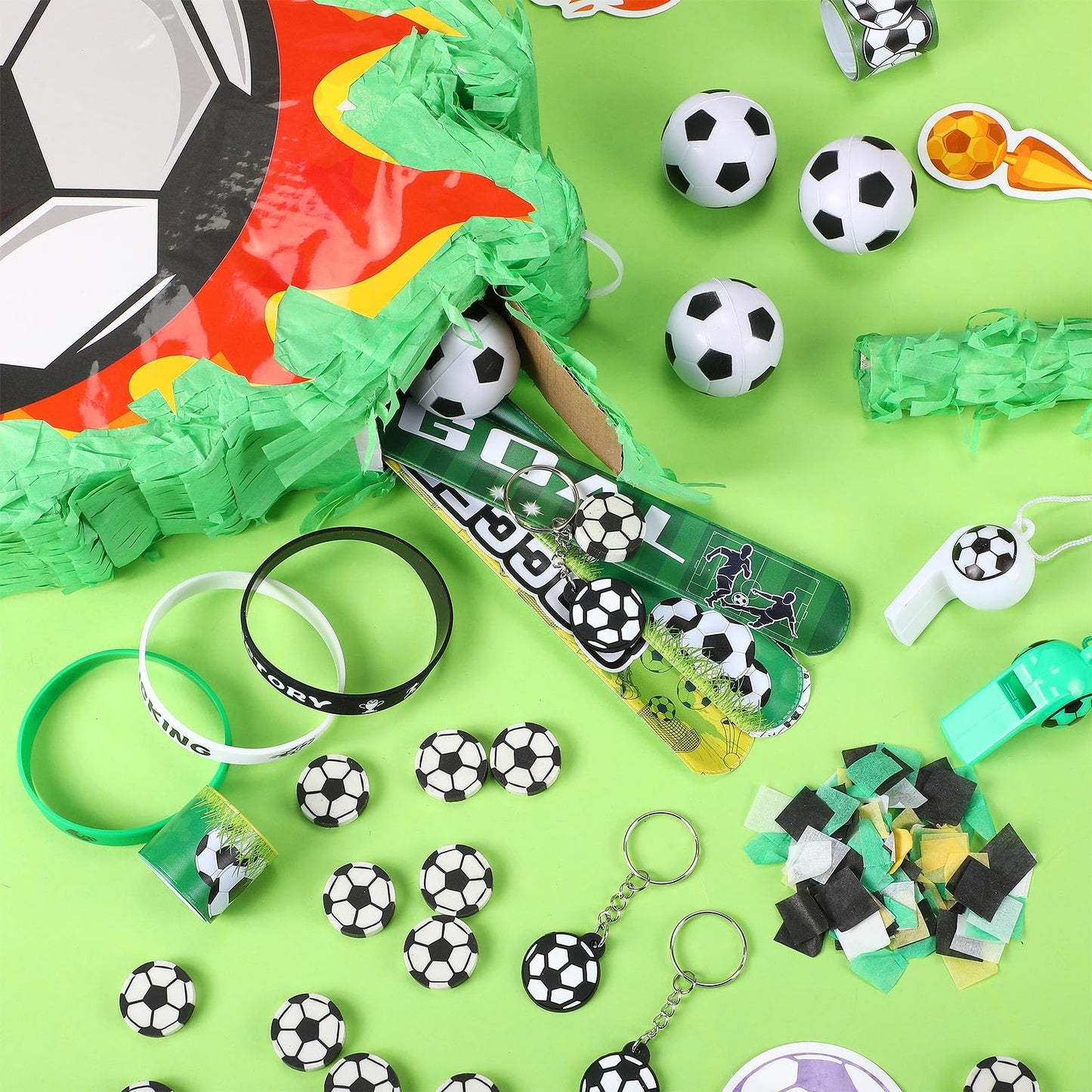 Hollowfly 162 Pcs Soccer Piata Soccer Party Favors with Blindfold Confetti Bat Mini Stress Balls Keychains Wristbands Whistles E