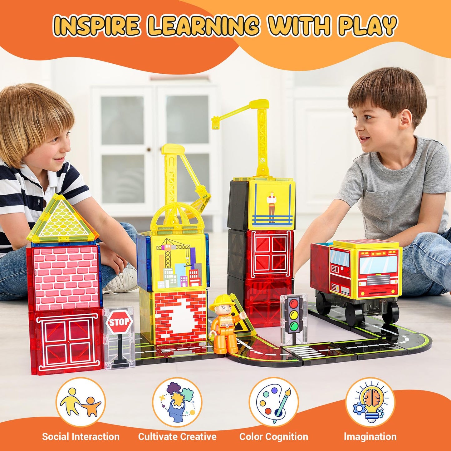 Magnetic Tiles Road Set with Fire Trucks & 2 Dolls  Double-Sided Magnet Tiles with 2 Cranes  Toys for Boys Ages 3-5 5-7  STEM Learning Construction Toys Include Car  Stations  Signs  Gifts for Kids 3+