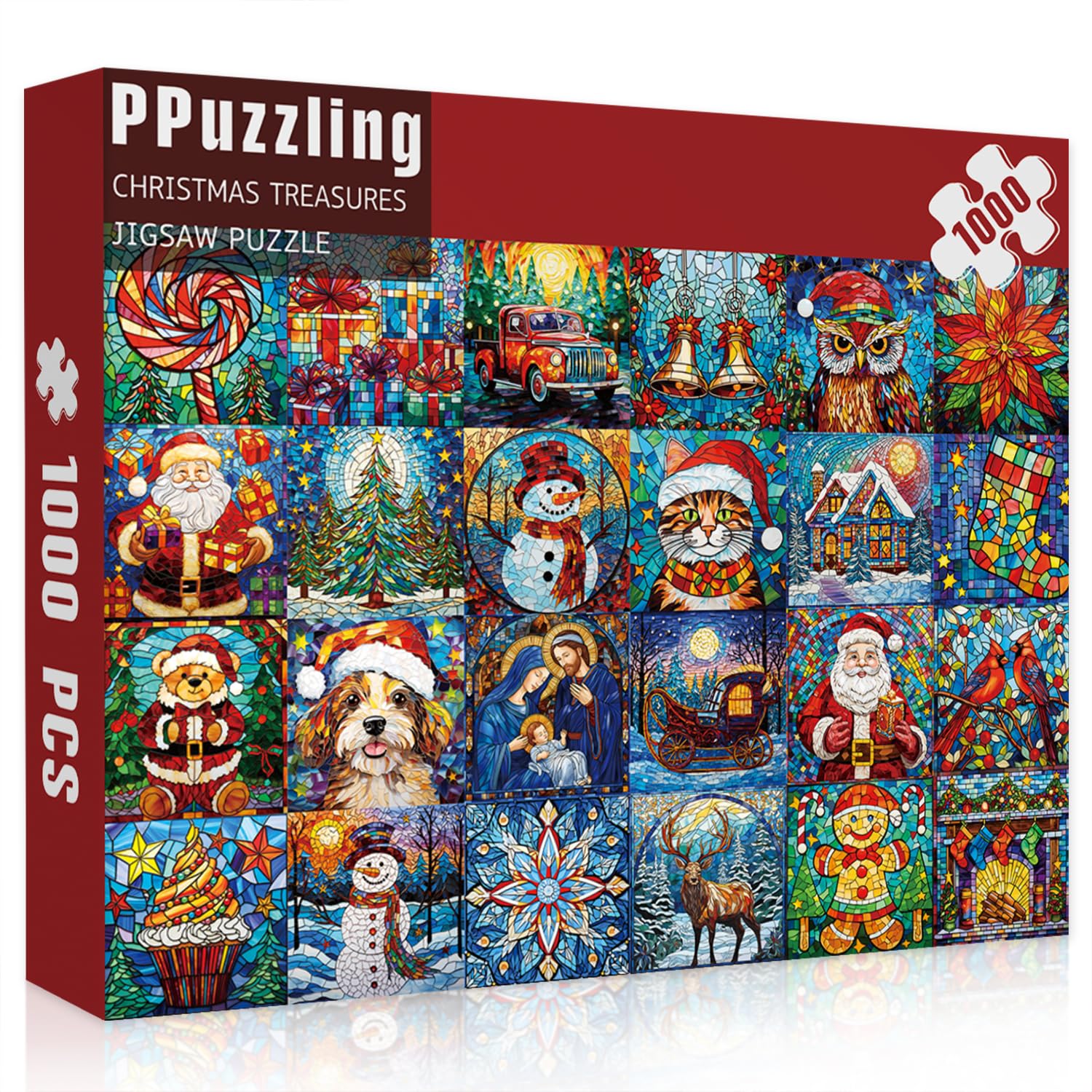 Stained Glass Christmas Puzzles for Adults 1000 Pieces,Christmas Jigsaw Puzzle Collection Features Santa Claus Dog Cat Snowman, 