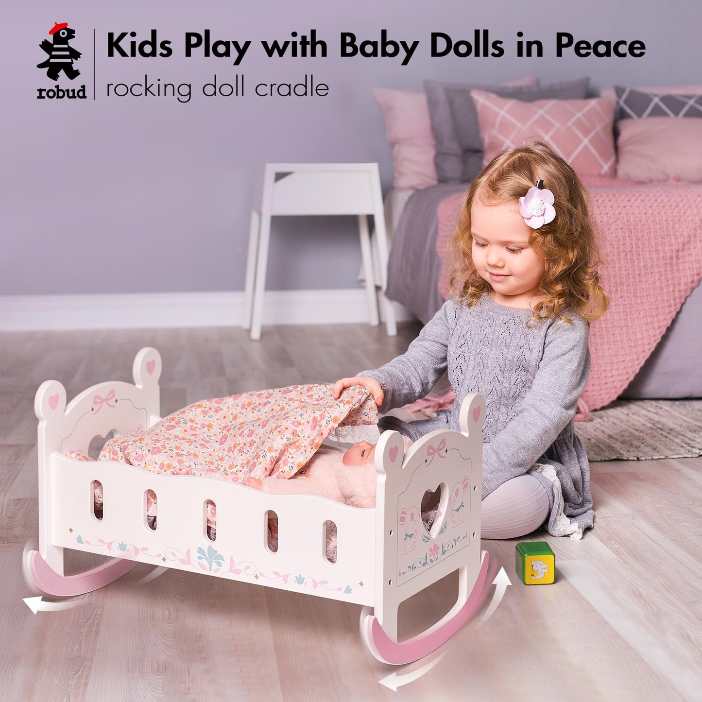 Robud Wooden Baby Doll Crib, Baby Doll Bed Toys, For Dolls Up To 18 Inch, Doll Accessories - With Mattress, Pillow, Quilt, Gift For Boys & Girls, Ages 3+