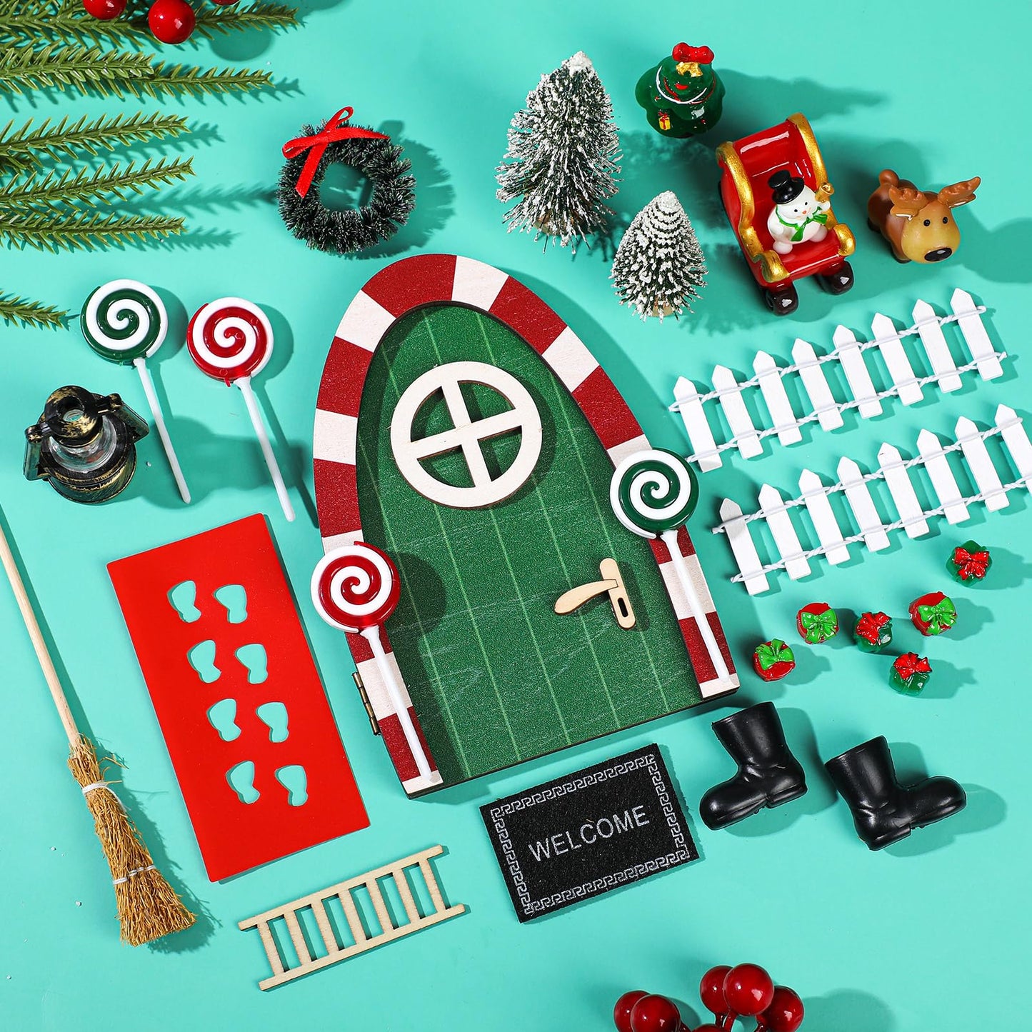 Gerrii 25 Pcs Green Christmas Elf Fairy Doors Decorations Miniature Enchanted Fairy Door Kit Tiny Elf Christmas Decor Accessorie