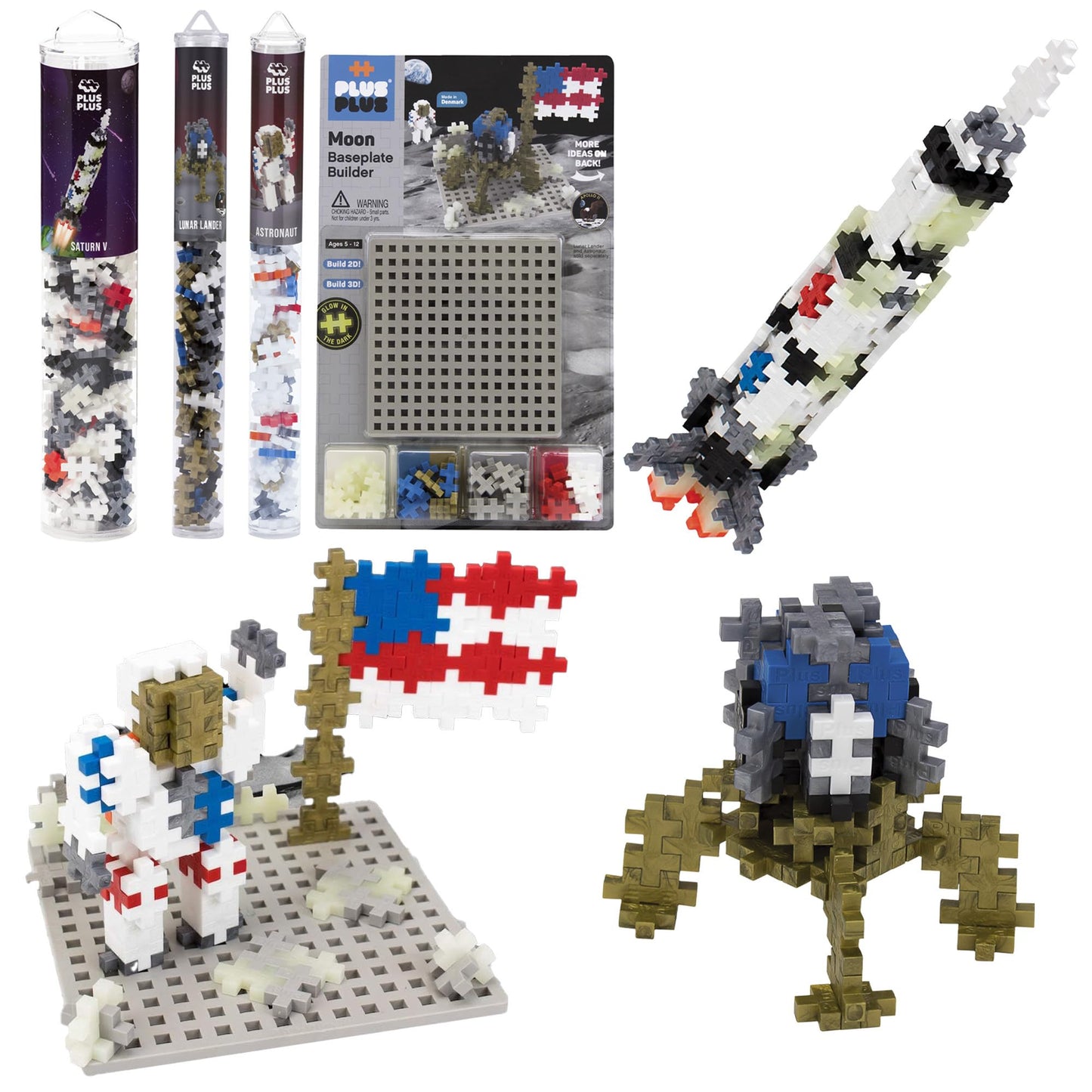 PLUS PLUS Apollo 11 Space Playset Bundle - Medium STEM Toy, Interlocking Blocks, White/Gray, Model RS_BB0109