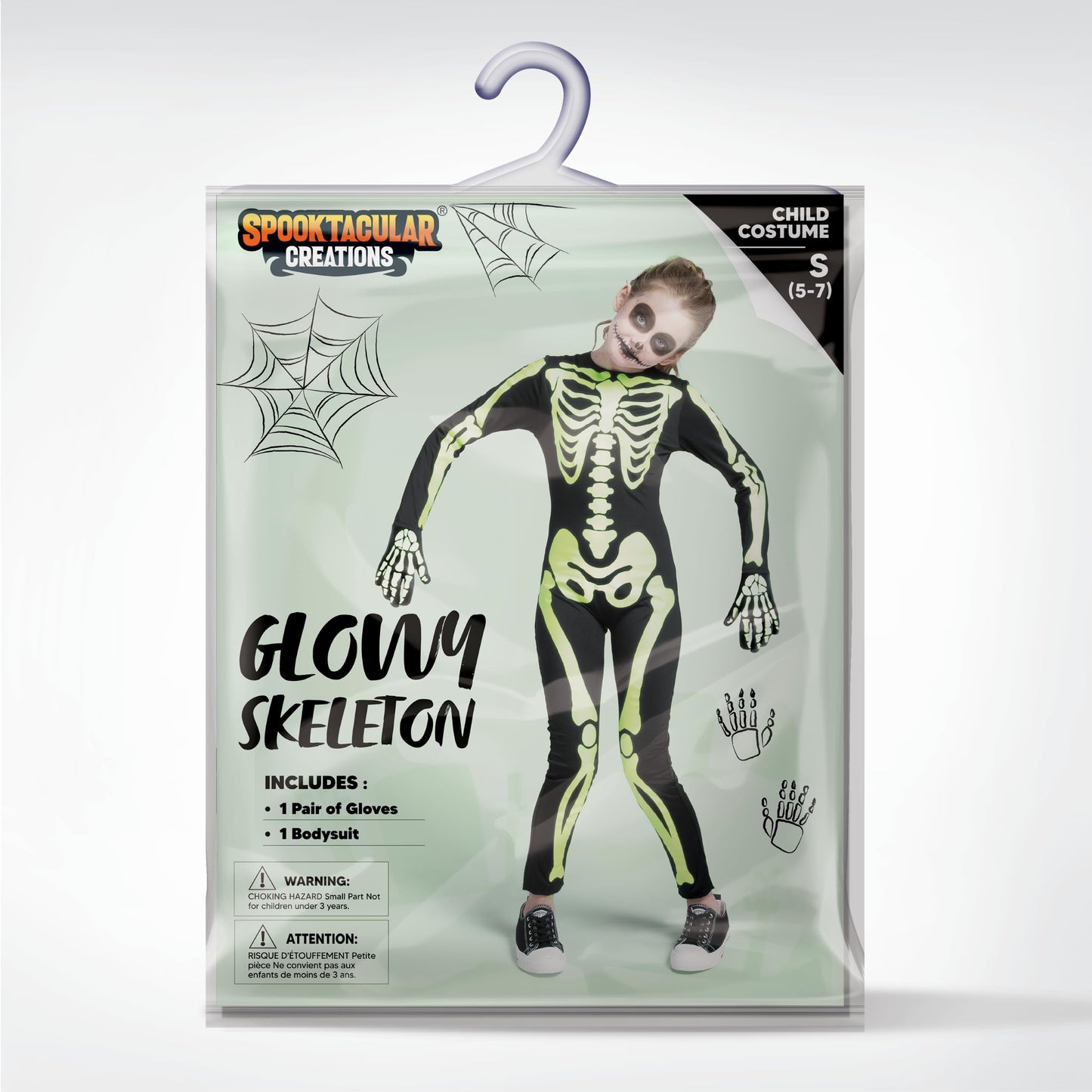 Spooktacular Creations Halloween Kids Skeleton Costume, Unisex Glow In The Dark Skeleton Jumpsuit With Gloves For Boys, Girls Halloween Dress Up, Role Play, Cosplay Party-3T