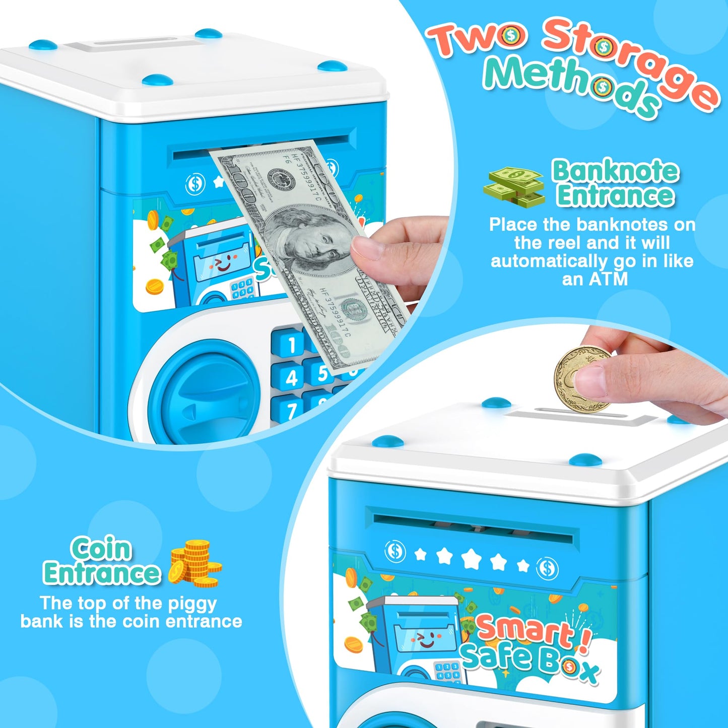 Blue Piggy Bank For Kids, Electronic Coin Money Bank, Children'S Safe Money Jar Toy Age 4 7 8 9 10 11 With Password Code Lock An