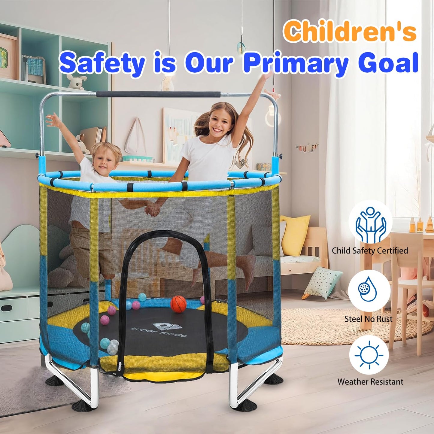Trampoline For Kids, 5Ft Adjustable For Toddler, Indoor/Outdoor Baby Trampoline With Enclosure Net, Gifts For Boys & Girls