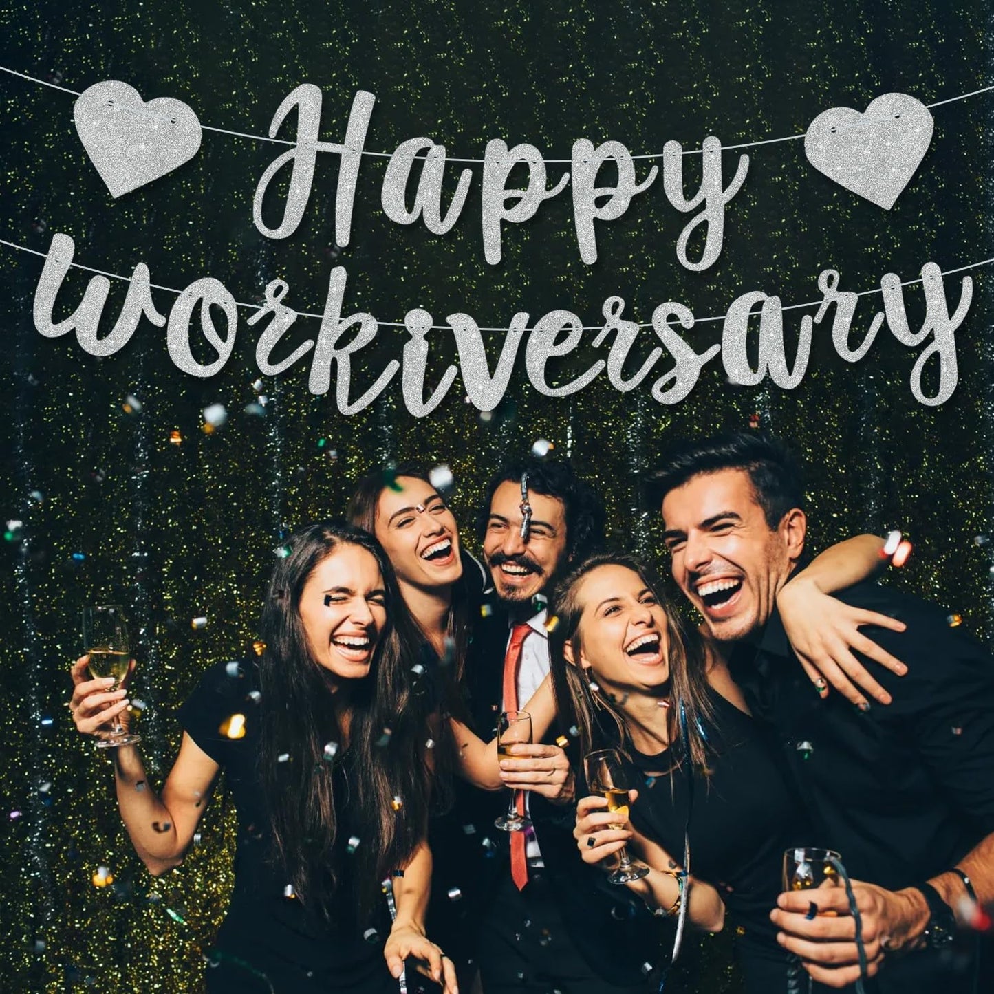 RICHHHA Silver Glitter Happy Workiversary Banner - NO DIY - Black Work Anniversary Decoration, Pre-Strung Sign Bunting for Offic