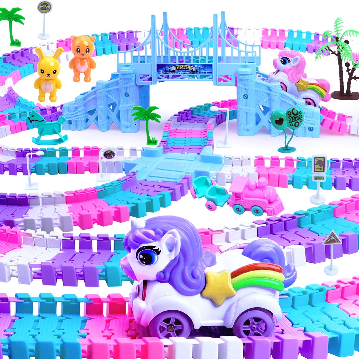 Tracks Car Toys Set for 2 3 4 5 6 7 Year Girl Toddler  248 PCS Pink Magic Bendable Race Track Toy with 1Unicorn Car Toy and 1 Pink Train  Birthday Gift Idea for Kid