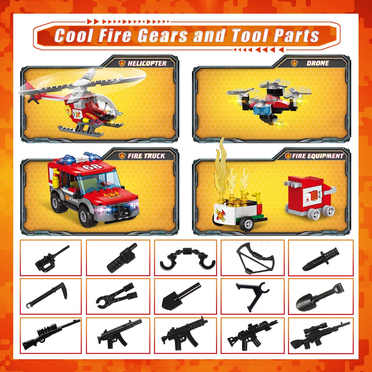 Wishalife City Fire Station Building Blocks Set, Fire Truck, Helicopter, Drone, Rescue Gear, Fire Command Center Playset, Firefi
