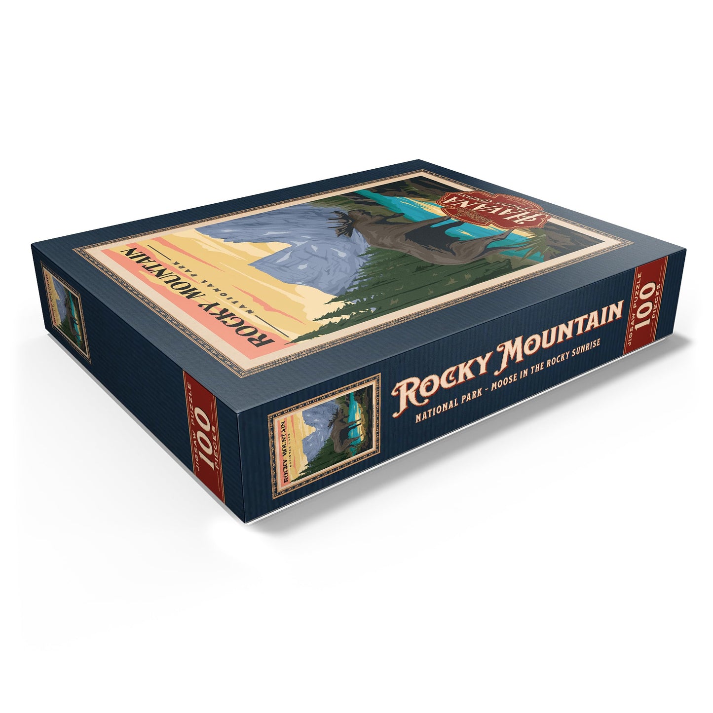 Mypuzzle Rocky Mountain National Park - Moose In The Rocky Sunrise, Vintage Travel Poster - Premium 100 Piece Jigsaw Puzzle For