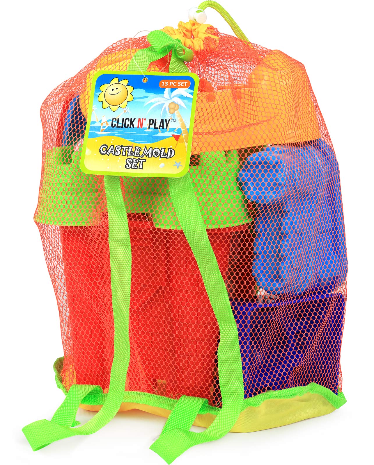 Click N' Play Toddler Beach Toys for Kids 3-10 - 13 Piece Sand Toys Including Sand Bucket, Watering Can, Rake, Shovel, 9 Sand Mo