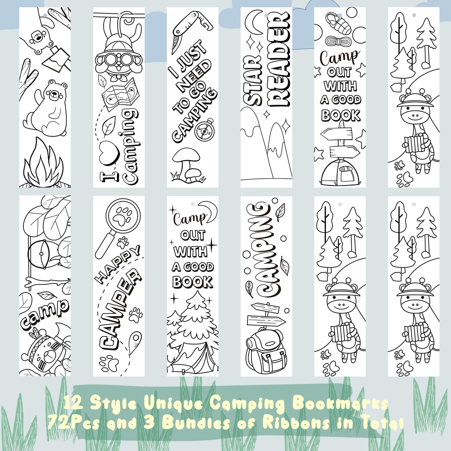 ANGOLIO 75Pcs Camping Color Your Own Bookmarks Kids DIY Coloring Blank Bookmarks Camping Party Game Prize Art Craft Supplies Bir