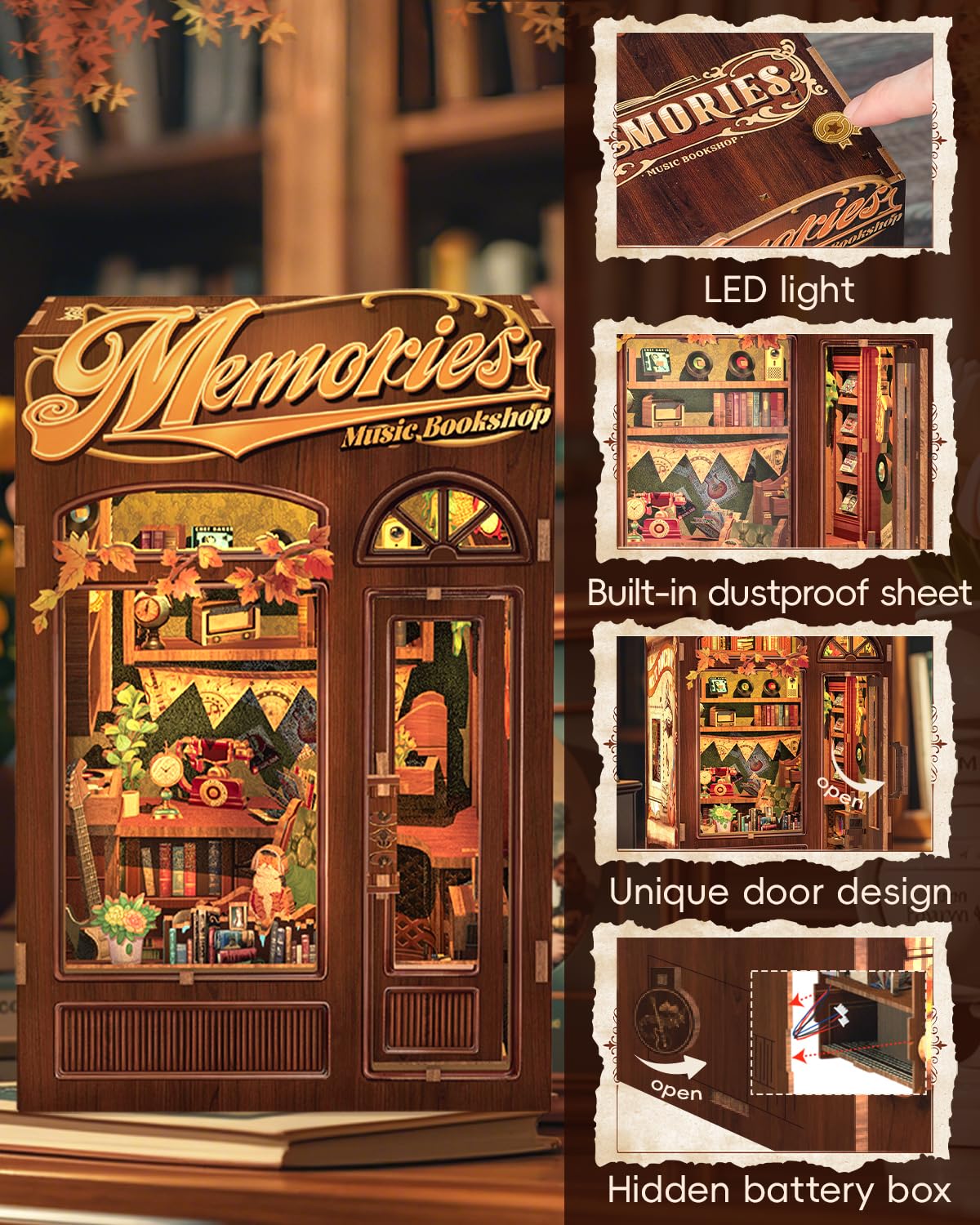 CUTEBEE Book Nook Kit - DIY Miniature House Dollhouse Kit for mature-themed and Teens  Booknook Bookshelf Decor Alley Model Build with LED Light  Gifts for Family and Friends (Memories Music Bookshop)