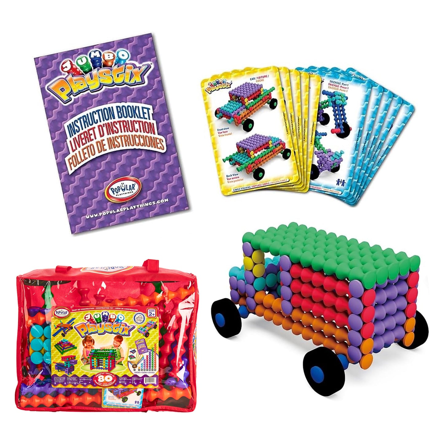 Popular Playthings Jumbo Playstix Set Construction Toy Building Blocks 80 Piece Kit, Multicolor (90020)