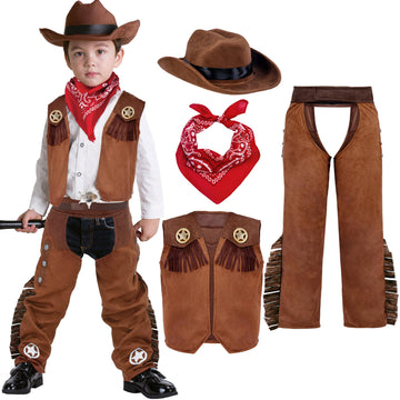 Spooktacular Creations Halloween Cowboy Costume For Boys, Kids Brown Western Costume, Deluxe Cowboy Outfit Set With Hat For Toddler Halloween Dress-Up, Roleplay Themed Party (3T, 3-4 Yrs)
