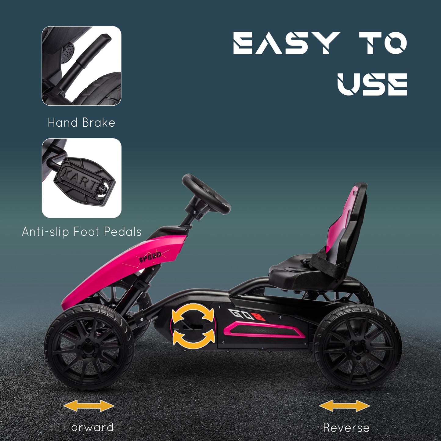 Aosom Kids Pedal Go Kart, Outdoor Ride On Toys With Swing Axle, Adjustable Seat, Handbrake, 4 Shock-Absorbing Wheels, Gift For Boys And Girls Aged 3-8 Years Old, Pink