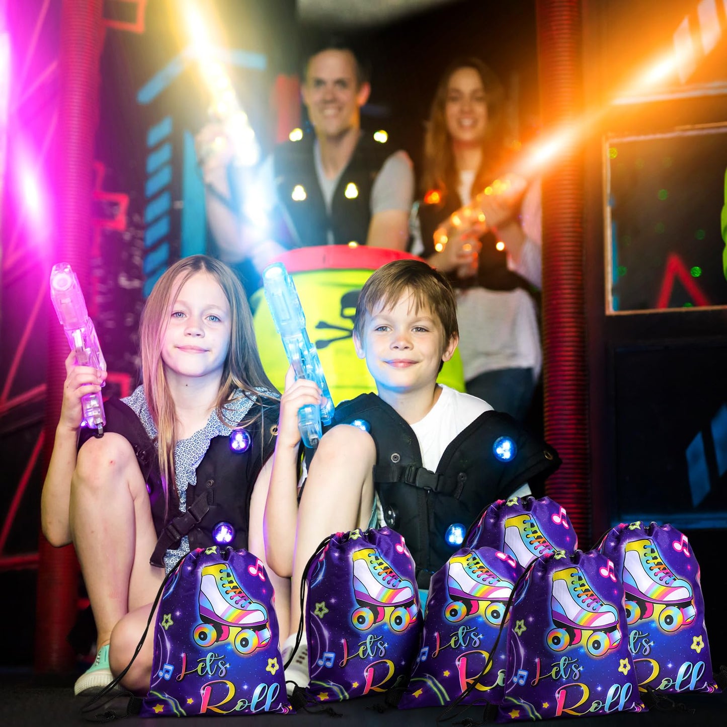 Censen 24 Pcs Roller Skate Party Favor Drawstring Bags Bulk 12 x 10 Inches Skating Goodie Treat Gift Bag for Girl Boy Birthday P