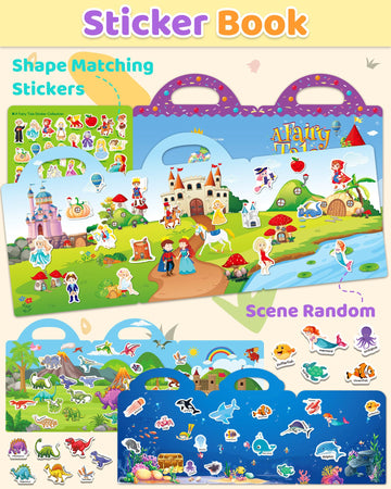 Benresive Reusable Sticker Books For Kids 2-4, Sticker Books For Toddlers 1-3, Toddler Sticker Book Age 2-4, Toddler Travel Toys Activities Crafts Gifts - Ocean, Fairy And Dinosaur
